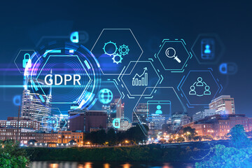 Panoramic view of Broadway district of Nashville over Cumberland River at illuminated night skyline, Tennessee, USA. GDPR hologram, concept of data protection regulation and privacy for individuals