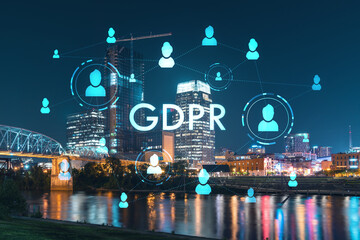 Fototapeta na wymiar Panoramic view of Broadway district of Nashville over Cumberland River at illuminated night skyline, Tennessee, USA. GDPR hologram, concept of data protection regulation and privacy for individuals