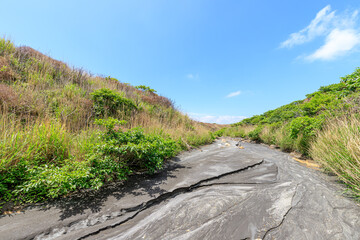 火山灰の積もった初夏の阿蘇山登山道　熊本県阿蘇市　Mt. Aso mountain trail in early summer with volcanic ash. Kumamoto-ken Aso city.