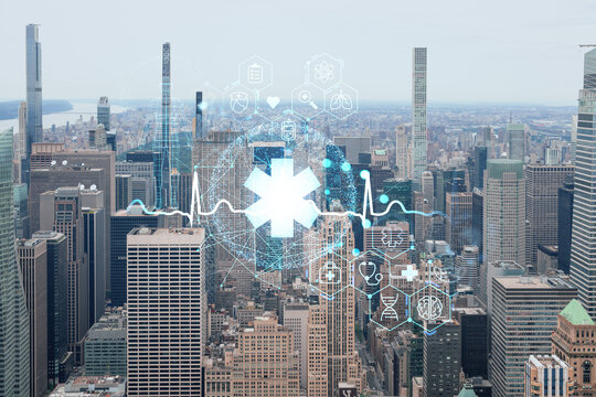 Aerial panoramic city view of Upper Manhattan and Central Park, New York city, USA. Iconic skyscrapers of NYC. Health care digital medicine hologram. The concept of treatment and disease prevention