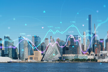 New York City skyline from New Jersey over the Hudson River towards Midtown Manhattan at day time. Forex graph hologram. The concept of internet trading, brokerage and fundamental analysis