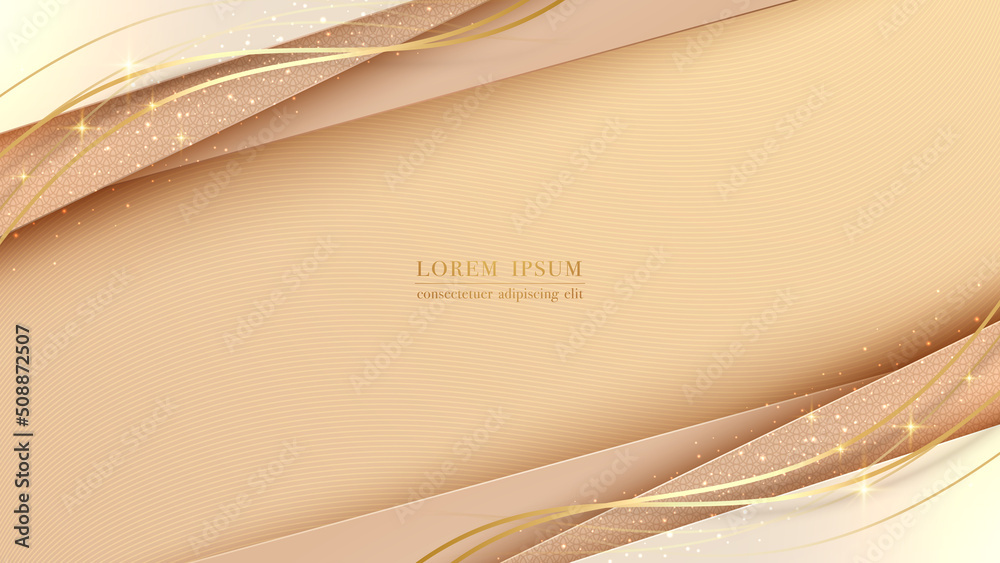 Sticker elegant background with golden curve line elements, line wave pattern and glitter light effect decor