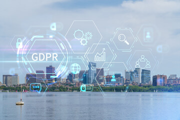 Fototapeta na wymiar Panorama skyline, city view of Boston at day time, Massachusetts. Building exteriors of financial downtown. GDPR hologram is data protection regulation and privacy for all individuals within EU Area