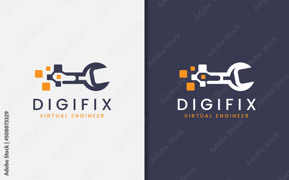 Poster virtual service engineer with wrench and digital element combination, abstract tech logo design.