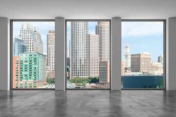 Obraz na płótnie Canvas Panoramic picturesque city view of Boston at day time from modern empty room, Massachusetts. An intellectual, technological and political center. 3d rendering.