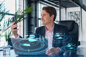 Businessman in suit using smart phone to optimize development by implying new technologies in...
