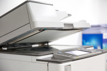 Copier printer, Close up the photocopier or photocopy machine office equipment workplace for scanner or scanning document and printing or copy paper duplicate and Xerox. - obrazy, fototapety, plakaty