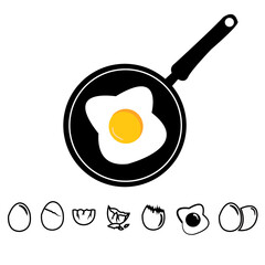 Frying eggs on frying pan. Omelet and frying pan on a white background