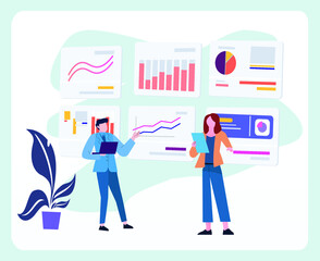 illustration of office workers presenting business infographics