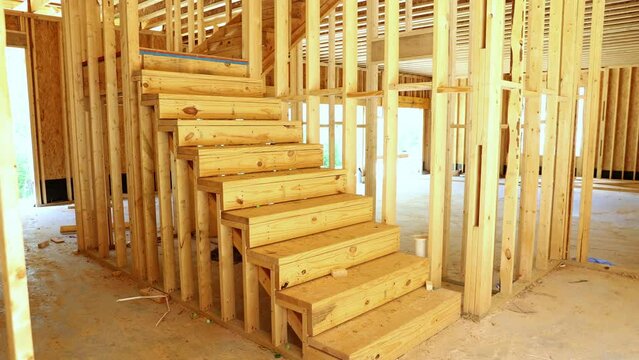 Stair case framing in new house construction.