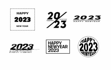 Big Set of 2023 Happy New Year logo text design. 2023 number design template. Collection of 2023 Happy New Year symbols. Vector illustration with black labels isolated on white background.