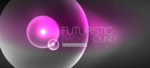 Shiny neon geometric abstract background. Glowing lights on round shapes, triangles and circles. Wallpaper for concept of AI technology, blockchain, communication, 5G, science, business