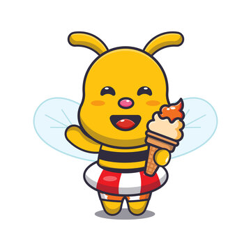 Cute bee cartoon mascot character with ice cream on beach