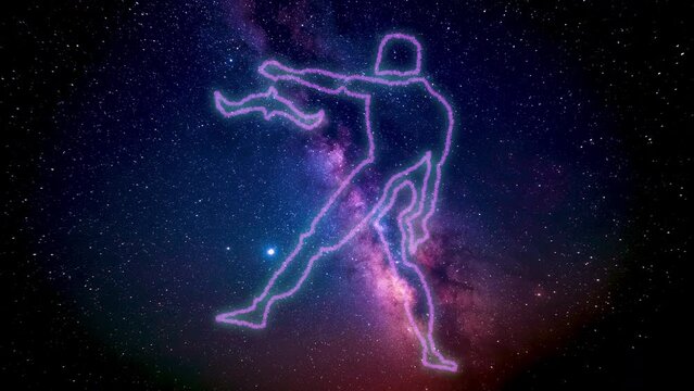 The zodiac sign Libra according to the horoscope is drawn using luminous lines on the cosmic starry sky of the galaxy. The zodiac sign is gradually drawn, imitating a pencil, and then shaded.