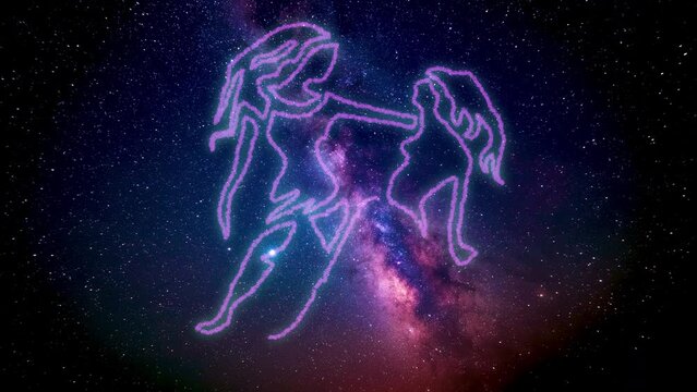 The zodiac sign Gemini according to the horoscope is drawn using luminous lines on the cosmic starry sky of the galaxy. The zodiac sign is gradually drawn, imitating a pencil, and then shaded.