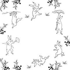 鳥獣戯画風可愛いうさぎの線画イラストフレーム