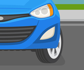Driving a car. Close-up view of a turned front wheel on a city parking. Flat vector illustration template.