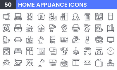Home Appliances vector line icon set. Contains linear outline icons like Household, Kitchen, Microwave, Vacuum, Mixer, Blender, Bathroom, Television, Refrigerator, Sofa, Fan . Editable use and stroke.