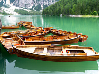 Braies Lake, Italy. Group of the traditional rowing boats made of wood. Alpine lake. Iconic location for photographers. Picturesque mountain lake in Dolomites. Wonderful nature contest