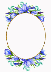Fototapeta na wymiar Watercolor frame gold bouquets of iris flowers , the petals are blue viol flower, iris, textet shades with green stems. Suitable for the design of greeting cards, invitations,wedding and baby shower
