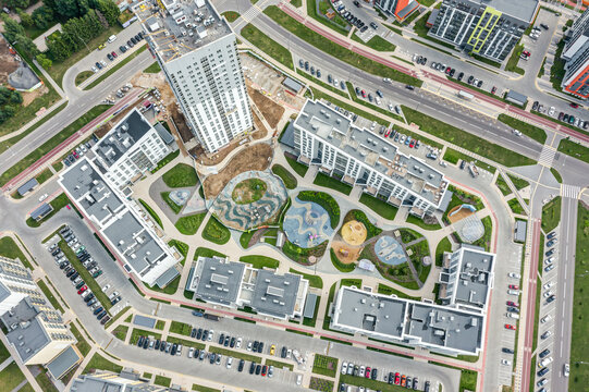 Apartment Buildings In A New Residential Complex. Aerial View From Flying Drone.