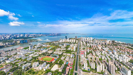 Haidian Island Aerial View above Hainan University Main Campus, Haikou City, Hainan Province, China.