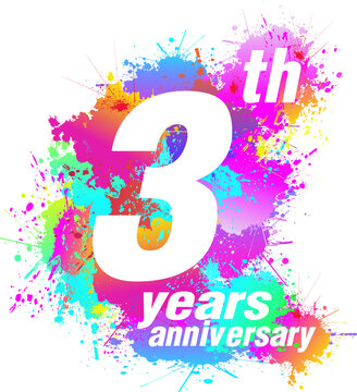 Logo design for 3th years anniversary. Colorful paint drops ink splashes, Icon, Symbol. Vector illustration.
