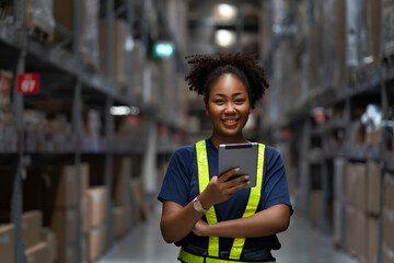 Young smart African American woman working in warehouse using the tablet for stock checking and inspection the boxes, logistic warehouse to deliver the shipment, happiness worker with smiling face