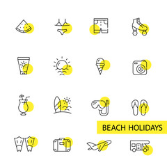 Beach holidays fun summer vacation icons set. Pixel perfect, editable stroke line art