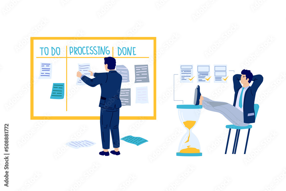 Poster time management. people planning office work and strategy. tasks priority and agenda control. kanban