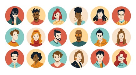 People face avatars. User portrait of business team, diverse character of different man and woman. Young multiethnic various students face. Round icons. Vector cartoon group set