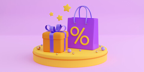 Realistic orange gift boxes with violet paper shopping bag and yellow podium background. Concept of black friday or christmas sales, present or surprise. 3d high quality render