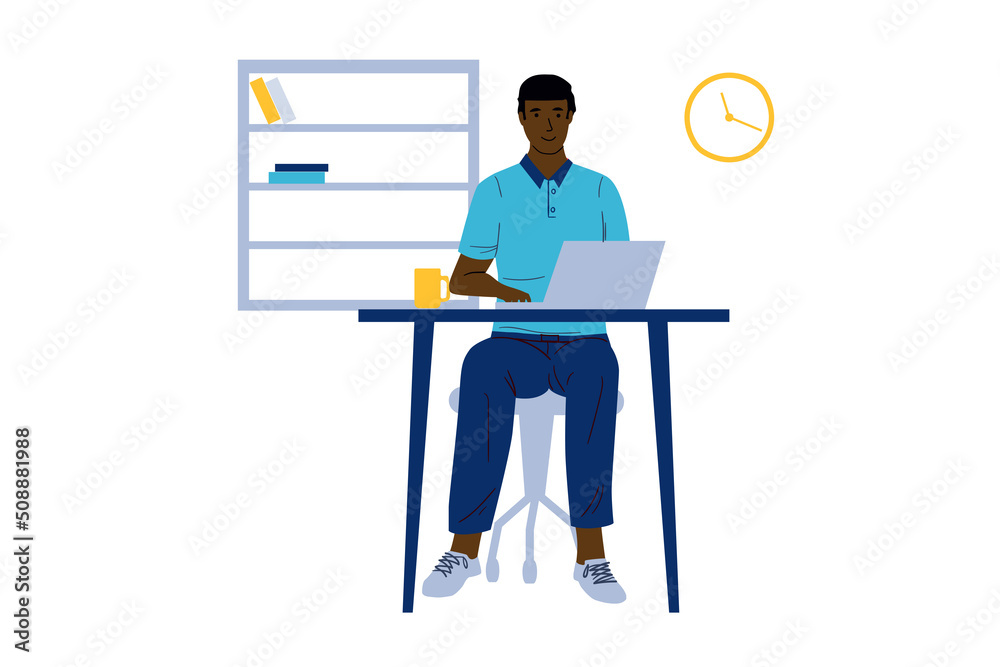 Poster freelancers at coworking. office character working at desk with laptops. man sitting at table. freel
