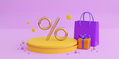 Realistic orange gift boxes with violet paper shopping bag and yellow podium with percent background. Concept of black friday or christmas sales, present or surprise. 3d high quality render