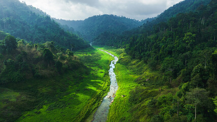 Aerial view of beautiful natural water stream  and green field of grass in the wild forest mountain...