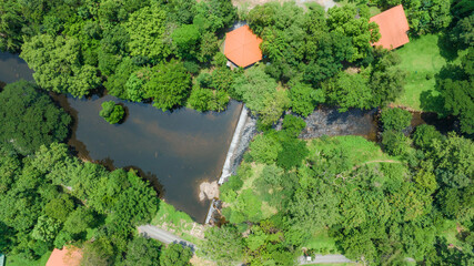 Aerial view of beautiful natural green field of forest in the wild forest mountain ,Clean Air natural fresh Air concept