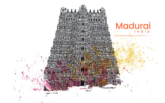 Madruai Meenakshi Amman Temple vector hand drawing sketch illustrator south India.