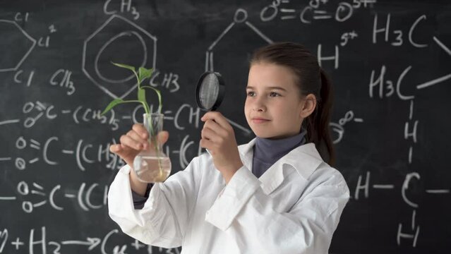 girl student in a white coat a biology lesson against the blackboard background with formulas holds a test tube with a plant, child studies plant in laboratory using a magnifying glass