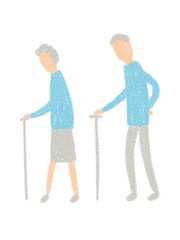 杖をついて歩く高齢男女の手描きイラスト