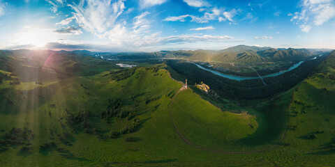Plakat Aerial drone 360 panorama view of beauty dawn on the peak