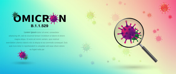 Omicron virus, new COVID-19 variant. Medical survey with a magnifying glass. Infection medical. Vector illustration