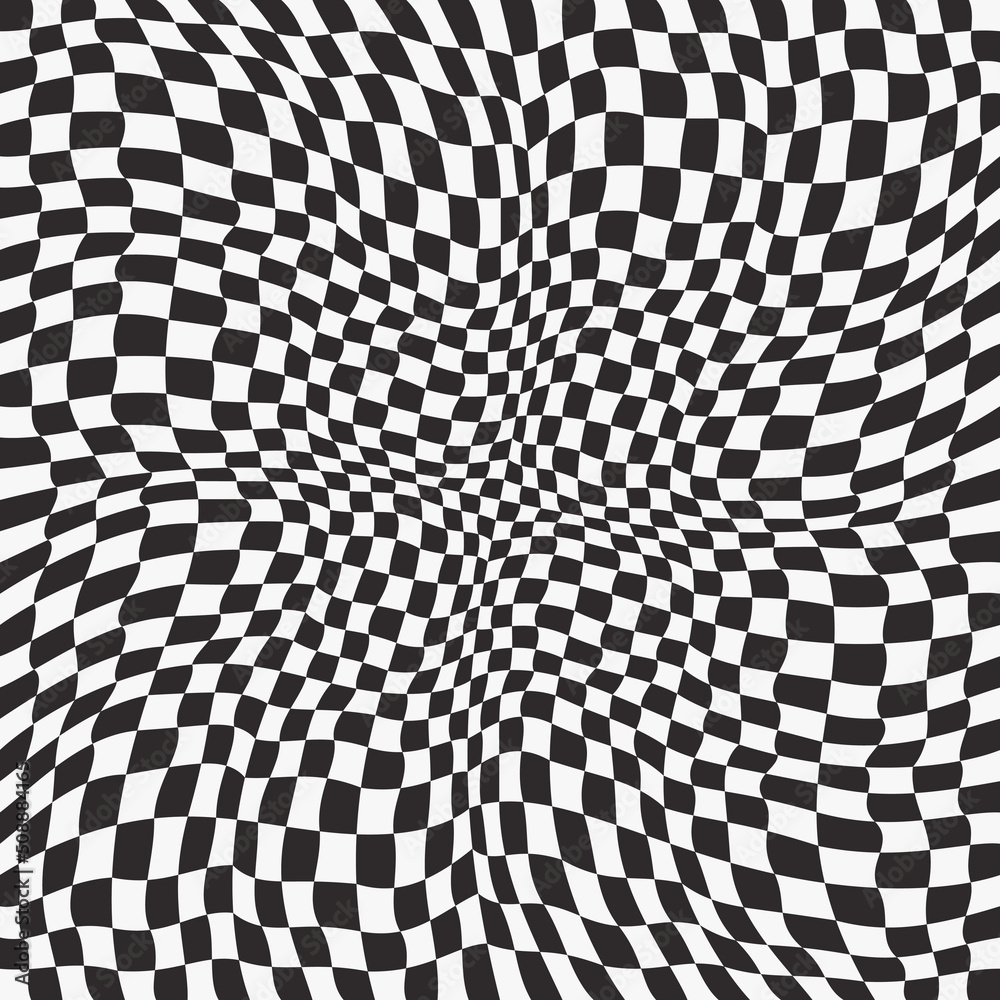 Poster a bent wavy chessboard, or racing flag. convex chessboard interior, stylish and seamless pattern.
