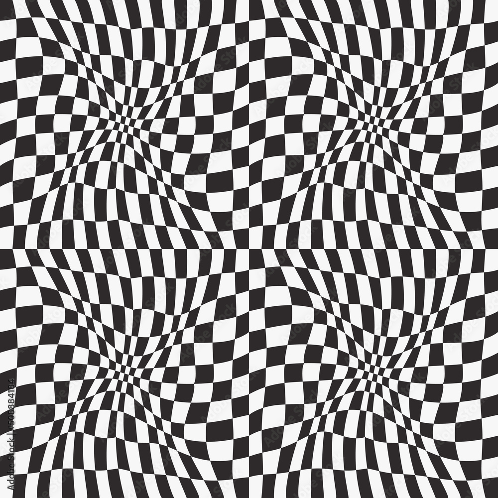Poster Checkered pattern is curved. Vector curved and crooked optical checkerboard pattern. The pattern is seamless and bulging of checkered cells.