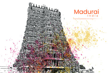 Madurai Meenakshi amman kovil temple vector illustration hand drawing south India Madurai