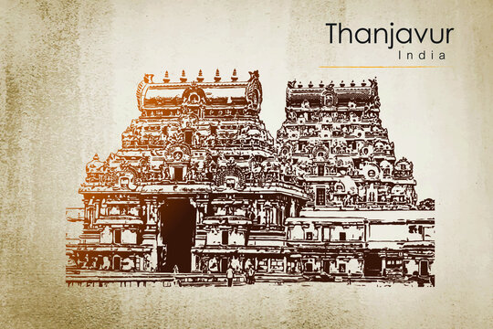 Brihadishvara Temple, Thanjavur, Tamil Nadu, India, vector art illustration.