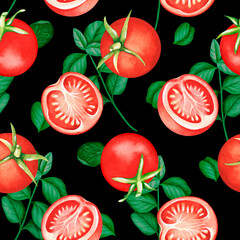 Seamless pattern. Tomatoes and spinach. Watercolor illustration. Isolated on a black background.