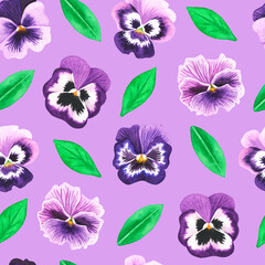 Seamless violet pattern. Pansies. Watercolor illustration. Isolated on a purple background.