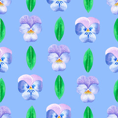 Seamless violet pattern. Pansies. Watercolor illustration. Isolated on a blue background.