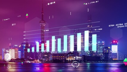 Stock exchange market blockchain, digital money, crypto currency GDP data analytics graph chart, finance business investment data with business district city building background - Powered by Adobe
