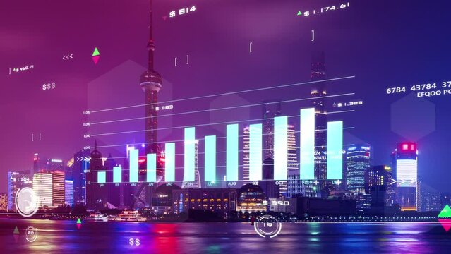Stock exchange market blockchain, digital money, crypto currency GDP data analytics graph chart, finance business investment data with business district city building background